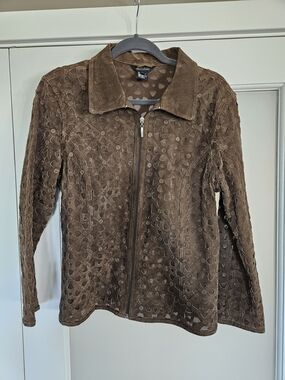 Vintage "MULTIPLES" Chocolate Brown Laser-Cut Suede Zip Jacket